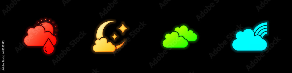 Set Cloud with rain and sun, moon, and Rainbow clouds icon. Vector. Set Cloud with rain and sun, moon, and Rainbow clouds icon. Vector.