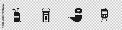 Set Golf bag with clubs, London phone booth, Smoking pipe and Tram and railway icon. Vector.