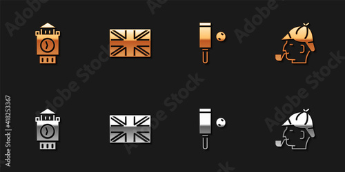 Set Big Ben tower, Flag of Great Britain, Wood cricket bat and ball and Sherlock Holmes icon. Vector.