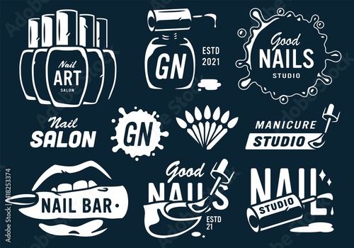 Set of emblems for fingernail studio or logo of manicure service. Manicurist tools for nail bar and beauty salon