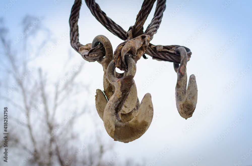 Fototapeta premium Hooks for cargo cranes at a construction site.