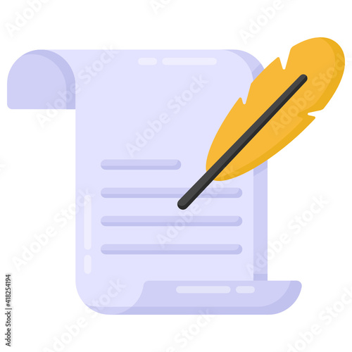 
Feather with paper denoting flat icon of quill paper 

