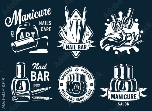 Set of manicure prints for nail bar and beauty salon. Emblem for fingernail studio or logo of nails and hands care service