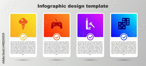 Set Ice cream in waffle cone, Gamepad, Striker attraction with hammer and dice. Business infographic template. Vector.