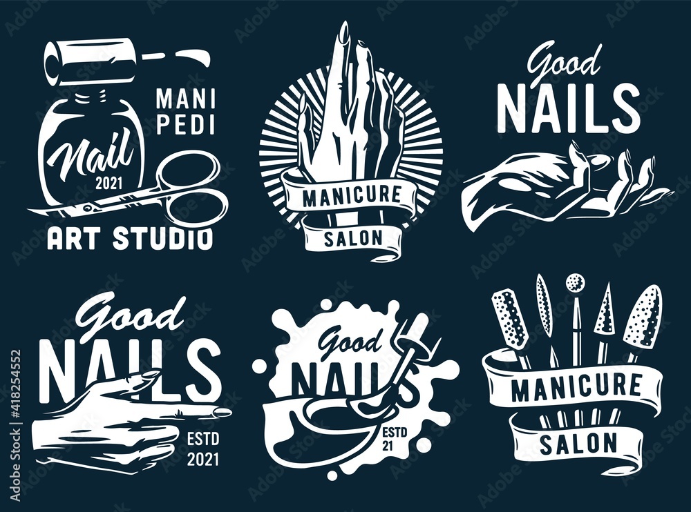 Fototapeta premium Set of manicure prints for nail bar and beauty salon. Emblem for fingernail studio or logo of nails and hands care service