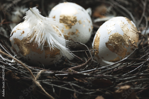 background for happy easter, gilded eggs in a nest with feathers, macro, close-up © Tatyana