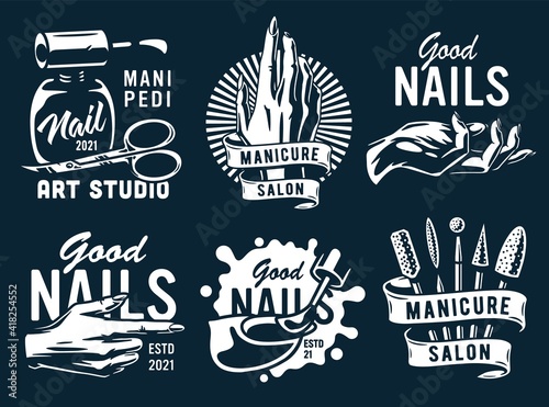 Set of manicure prints for nail bar and beauty salon. Emblem for fingernail studio or logo of nails and hands care service