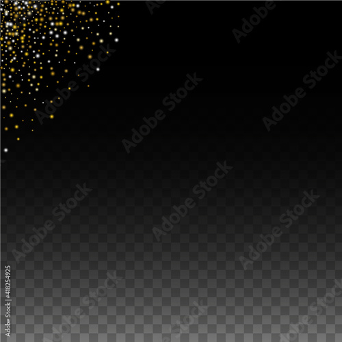 Gold Glitter Vector Texture on a Black. Golden Glow Pattern. Golden Christmas and New Year Snow. Golden Explosion of Confetti. Star Dust. Abstract Flicker Background with a Party Lights Design. © Feliche _Vero