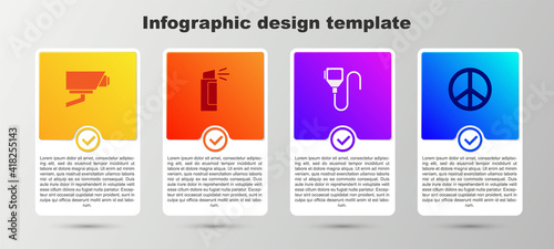 Set Security camera, Pepper spray, Walkie talkie and Peace. Business infographic template. Vector.