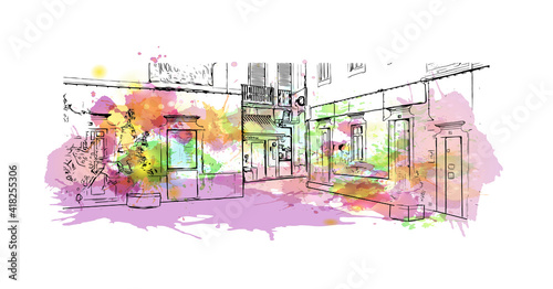 Building view with landmark of Faro is the capital of southern Portugal. Watercolour splash with hand drawn sketch illustration in vector.