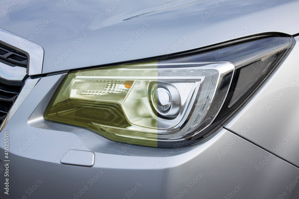 Cleaning the yellowing of car headlights before and after Stock Photo