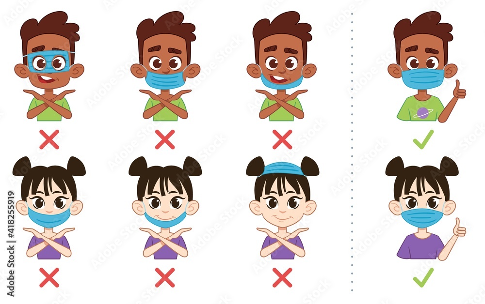 Boy and girl show how to wear a mask properly to protect and prevent ...