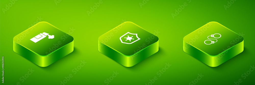 Set Isometric Police badge, Handcuffs and Pepper spray icon. Vector. Set Isometric Police badge, Handcuffs and Pepper spray icon. Vector.