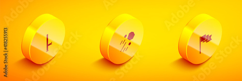 Set Isometric Police rubber baton, Flying stone and Location marker icon. Vector.
