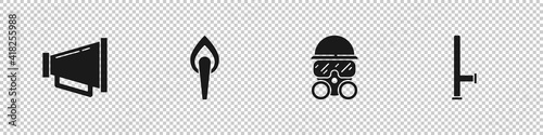 Set Megaphone, Torch flame, Gas mask and Police rubber baton icon. Vector.