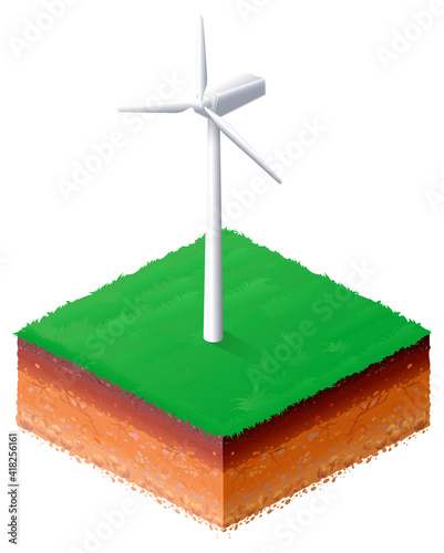 Wind generator on green field isometric. Green alternative electricity