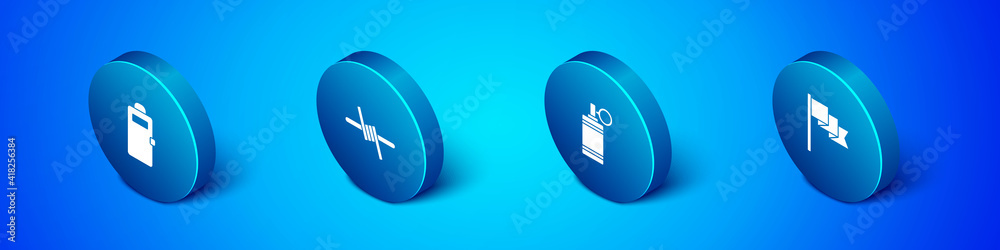 Set Isometric Police assault shield, Hand grenade, Location marker and Barbed wire icon. Vector. Set Isometric Police assault shield, Hand grenade, Location marker and Barbed wire icon. Vector.