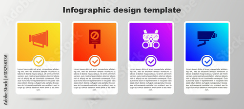Set Megaphone, Protest, Gas mask and Security camera. Business infographic template. Vector.