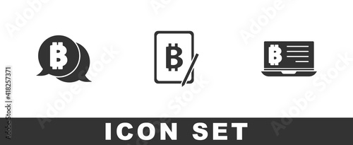 Set Bitcoin, Mining bitcoin from tablet and laptop icon. Vector.