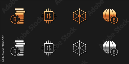 Set Bitcoin, CPU mining farm, Blockchain technology and Globe icon. Vector.