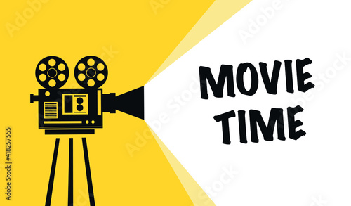 Movie time concept with retro camera isolated on yellow beams. Vector illustration