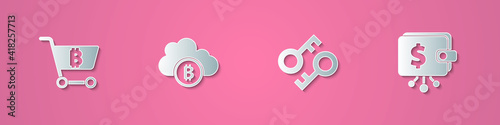 Set paper cut Shopping cart with bitcoin, Cryptocurrency cloud mining, key and wallet icon. Paper art style. Vector.