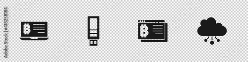 Set Mining bitcoin from laptop, USB flash drive, Bitcoin browser and Cryptocurrency cloud mining icon. Vector.