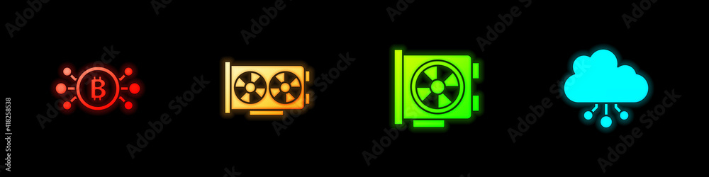 Set Bitcoin in circuit, Video graphic card, and Cryptocurrency cloud mining icon. Vector. Set Bitcoin in circuit, Video graphic card, and Cryptocurrency cloud mining icon. Vector.