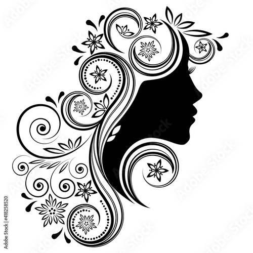 Beautiful woman profile silhouettes with elegant hairstyle, vector young female face design, beauty girl head with styled hair, fashion lady graphic portrait.