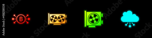 Set Bitcoin in circuit, Video graphic card, and Cryptocurrency cloud mining icon. Vector.