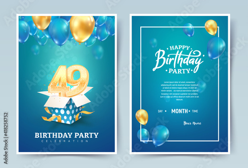 49th years birthday vector invitation double card. Forty nine years wedding anniversary celebration brochure. Template of invitational for print on blue background photo