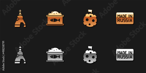 Set The Tsar bell, Tin can with caviar, Moon flag and Made Russia icon. Vector.