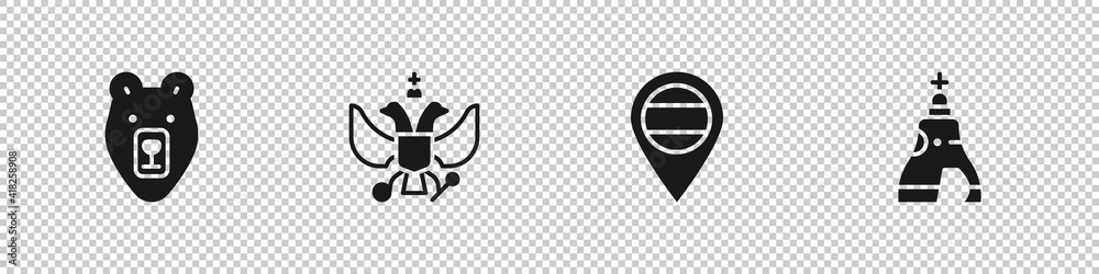 Set Bear head, National emblem of Russia, Location and The Tsar bell icon. Vector. Set Bear head, National emblem of Russia, Location and The Tsar bell icon. Vector.