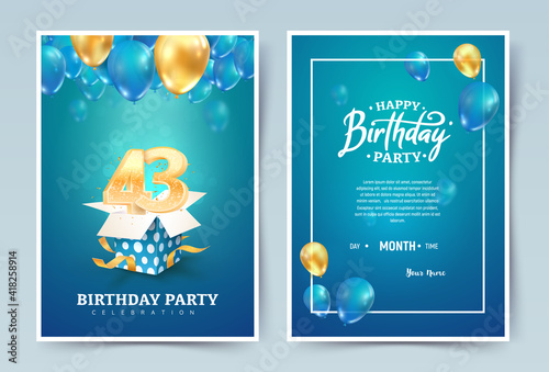 43th years birthday vector invitation double card. Forty three years wedding anniversary celebration brochure. Template of invitational for print on blue background