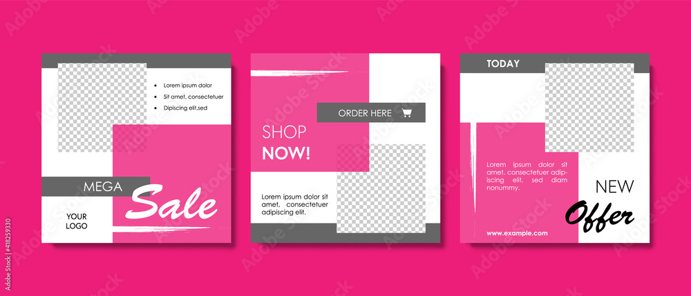 Elegant social media templates pack with magenta background and brush line elements. Instagram posts for business with place for photos and product presentation
