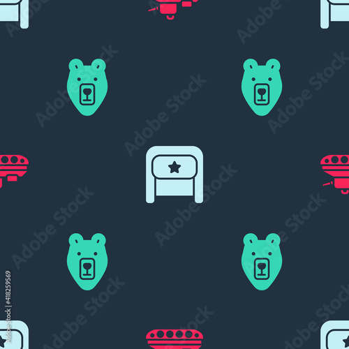 Set Military tank, Ushanka and Bear head on seamless pattern. Vector.