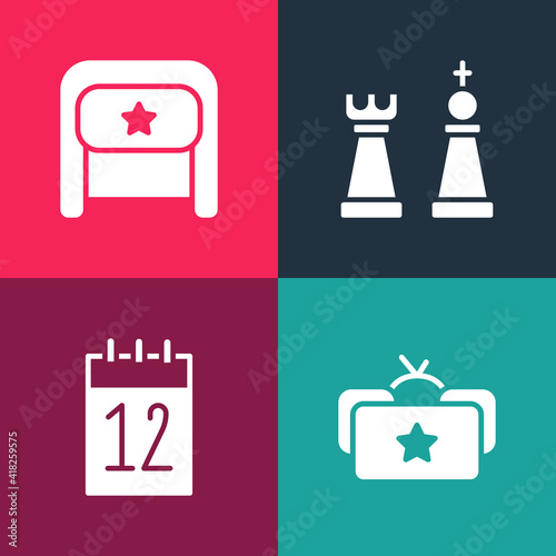 Set pop art Ushanka, Calendar 12 june, Chess and icon. Vector.