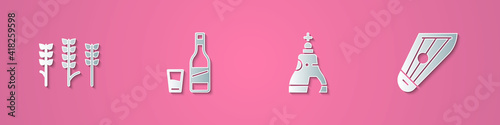 Set paper cut Wheat, Bottle of vodka with glass, The Tsar bell and Kankles icon. Paper art style. Vector.