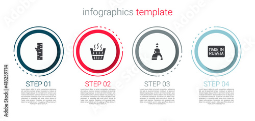 Set Birch tree, Sauna bucket, The Tsar bell and Made in Russia. Business infographic template. Vector.