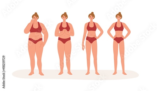 Stages of transformation process from fat obese body with belly to slim and thin figure. Weight loss concept. Colored flat cartoon vector illustration of woman in lingerie isolated on white background