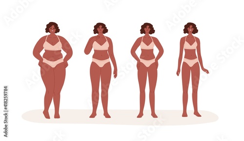 Weight loss concept. Process of transformation from black-skinned woman with fat obese body and belly to slim and thin shape. Colored flat cartoon vector illustration isolated on white background
