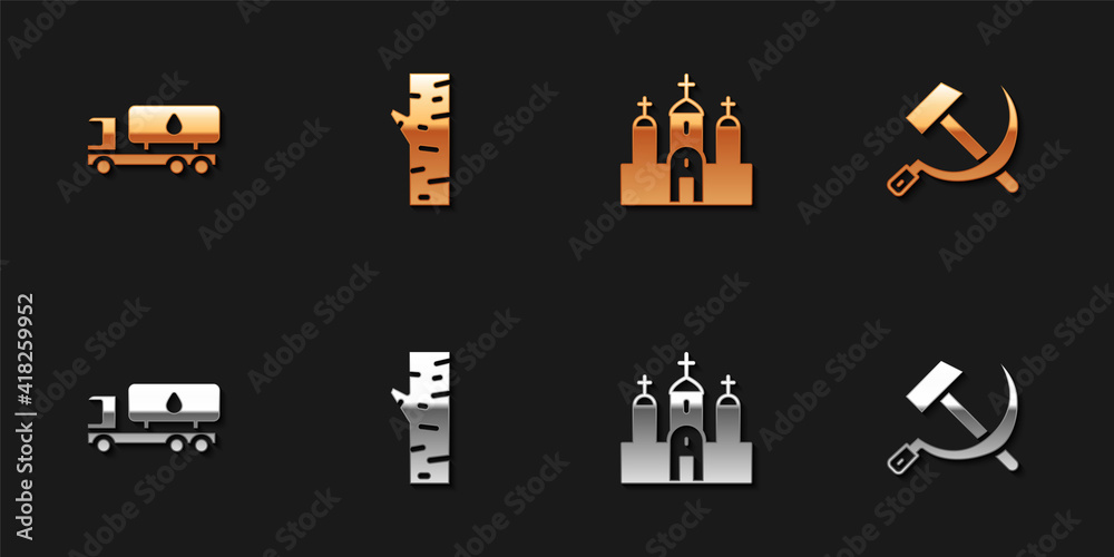 Set Tanker truck, Birch tree, Church building and Hammer and sickle USSR icon. Vector. Set Tanker truck, Birch tree, Church building and Hammer and sickle USSR icon. Vector.