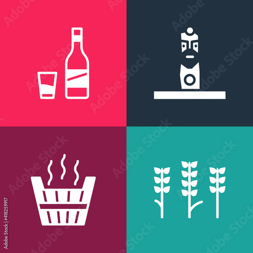 Set pop art Wheat, Sauna bucket, Slavic pagan idol and Bottle of vodka with glass icon. Vector.