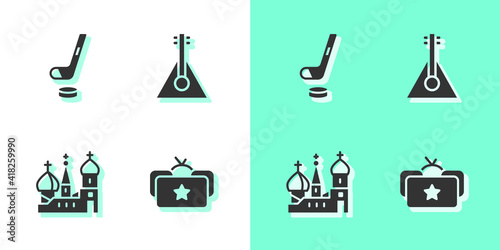 Set Ushanka, Ice hockey stick and puck, Saint Basil's Cathedral and Balalaika icon. Vector.