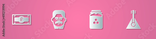 Set paper cut Russian ruble banknote, Joseph Stalin, Jar of honey and Balalaika icon. Paper art style. Vector.