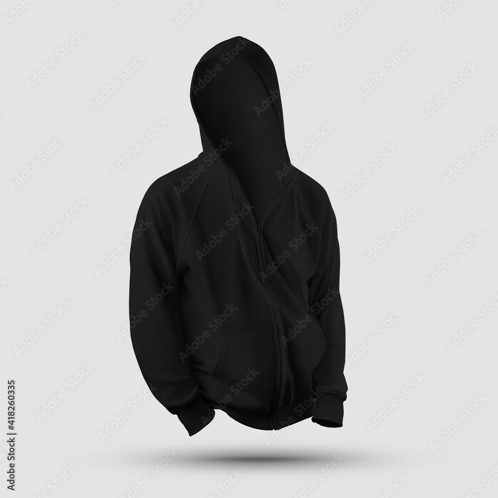 Black textile template with hood 3D rendering with pocket, zipper, drawstring isolated on background, front view.