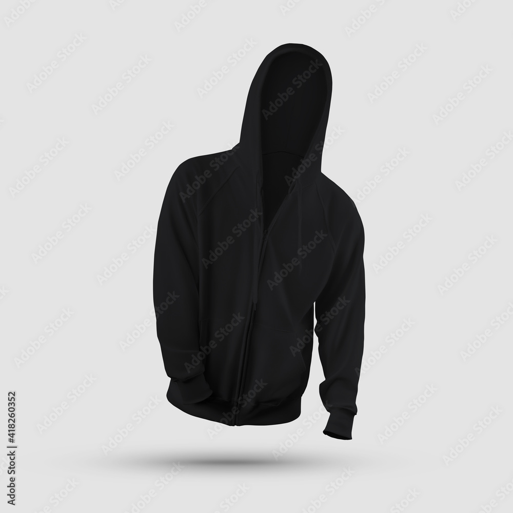 Black clothes template 3D rendering, mens hoodie with pocket, zipper, ties, front view, isolated on background.