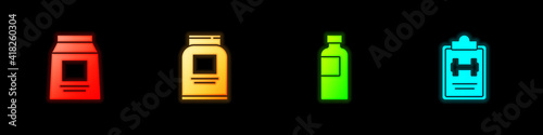 Set Sports nutrition, , Fitness shaker and training program icon. Vector.