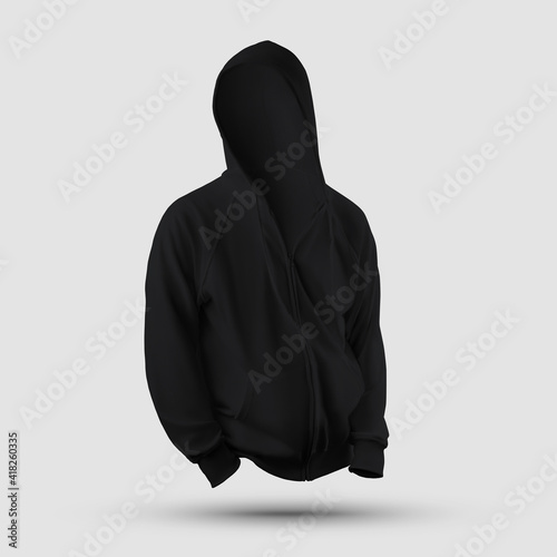 Black textile template with hood 3D rendering with pocket, zipper, drawstring isolated on background, front view.