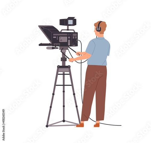 TV-operator or videographer in headphones working with camera and shooting video. Cameraman with professional studio equipment. Colored flat cartoon vector illustration isolated on white background